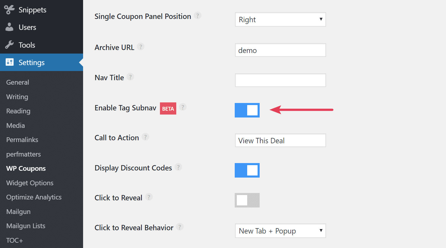 Enable tag sub-navigation menu