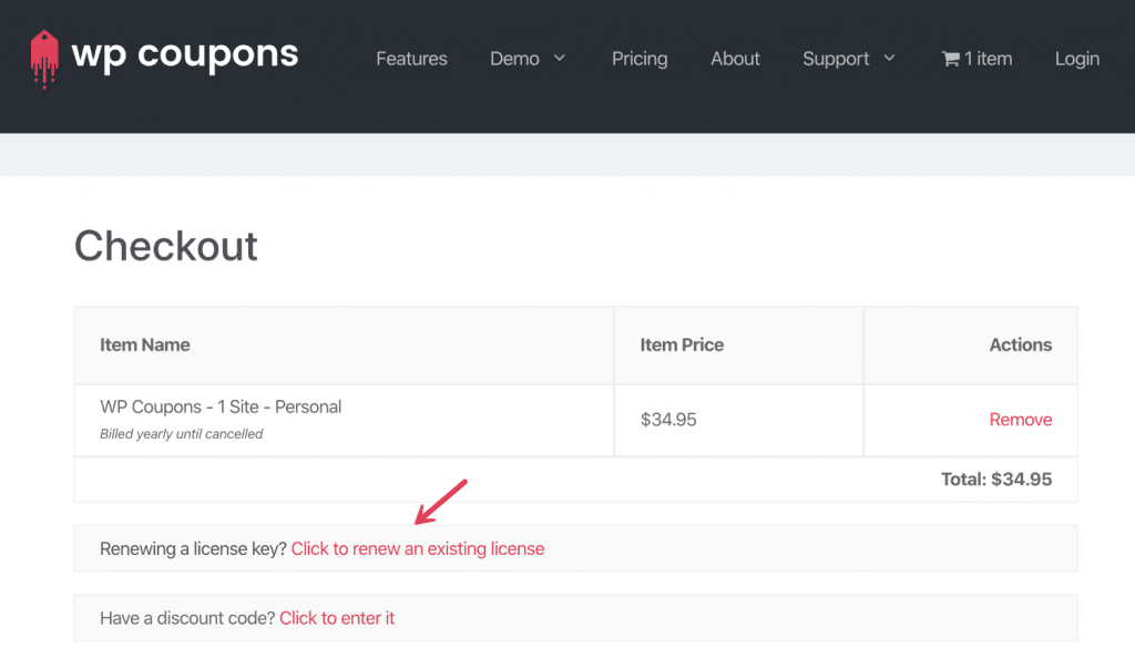 WP Coupons renew an existing license