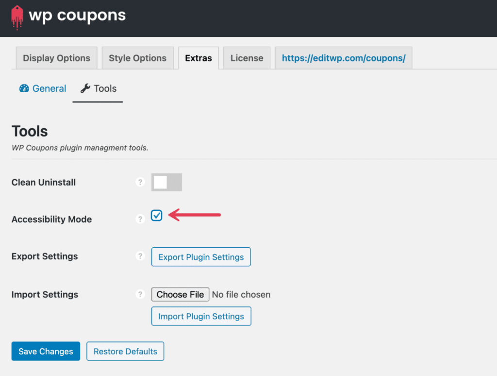 Enable Accessibility Mode in WP Coupons