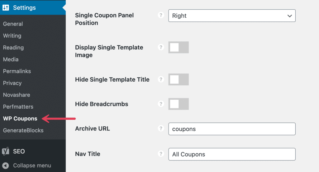 WP Coupons plugin settings