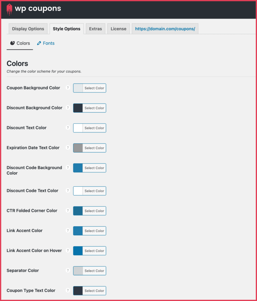 WP Coupons style options