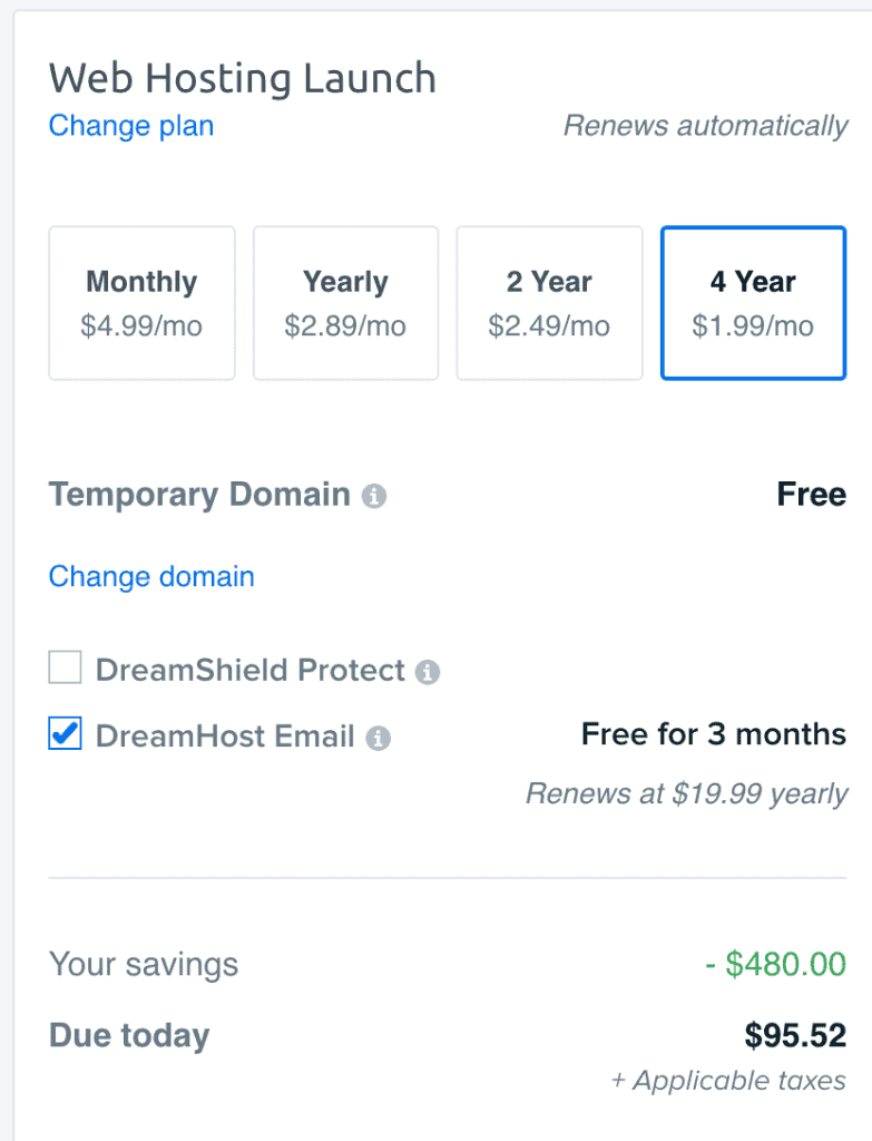 dreamhost coupon checkout page