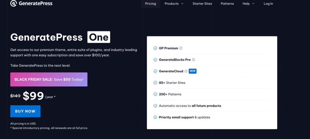 generatepress black friday pricing page