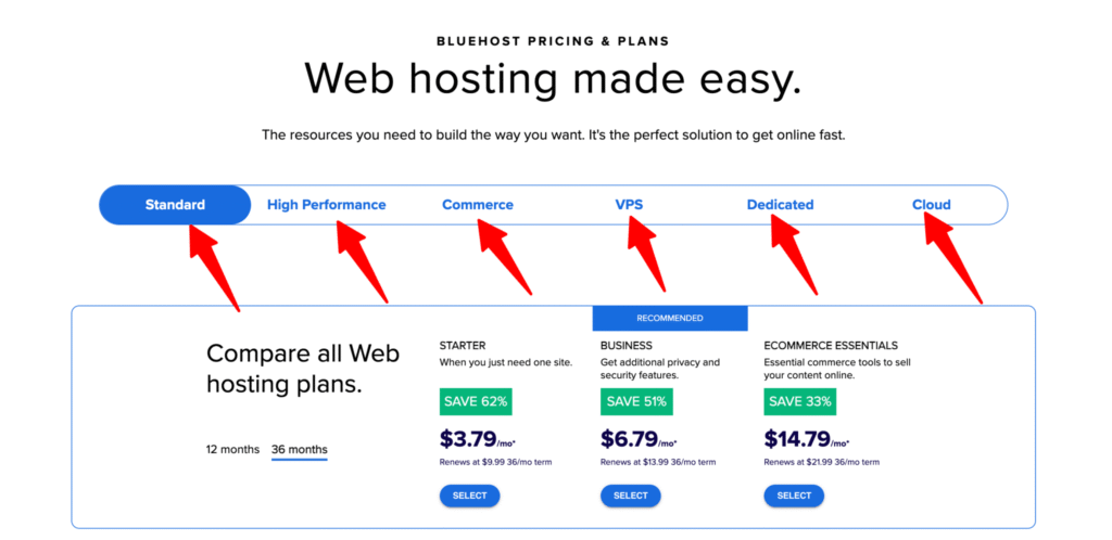 Choose a Bluehost Hosting Plan