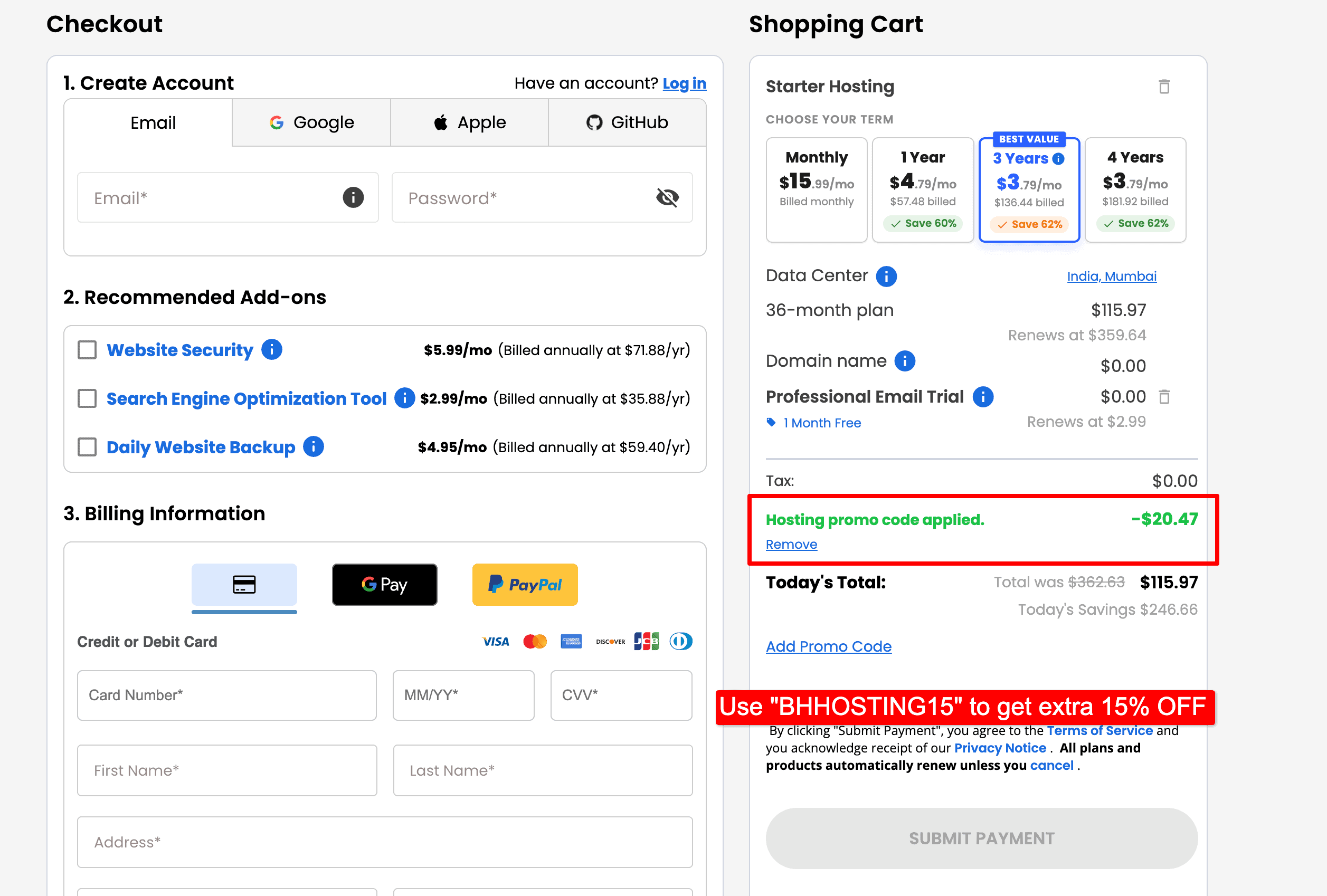 bluehost pricing after claiming the coupon code