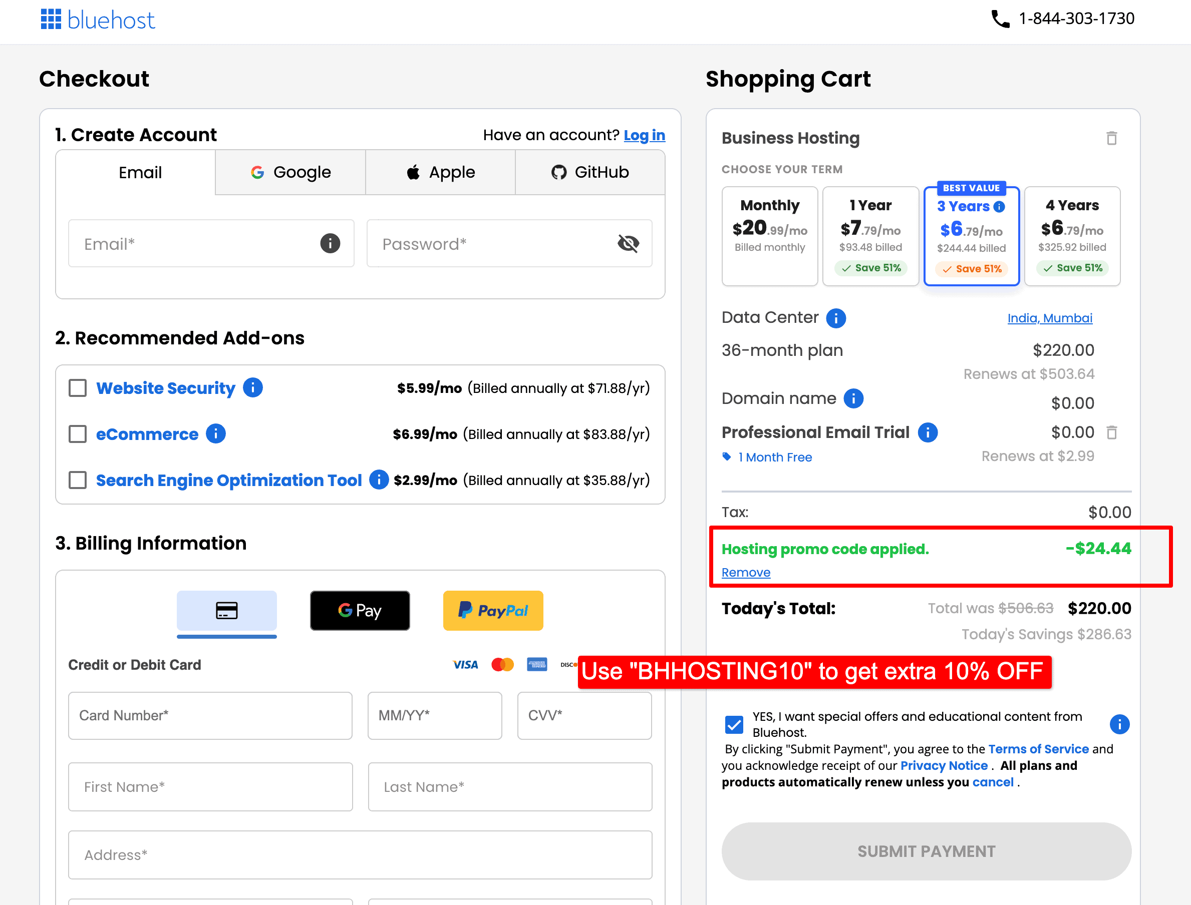 bluehost pricing after coupon code applied