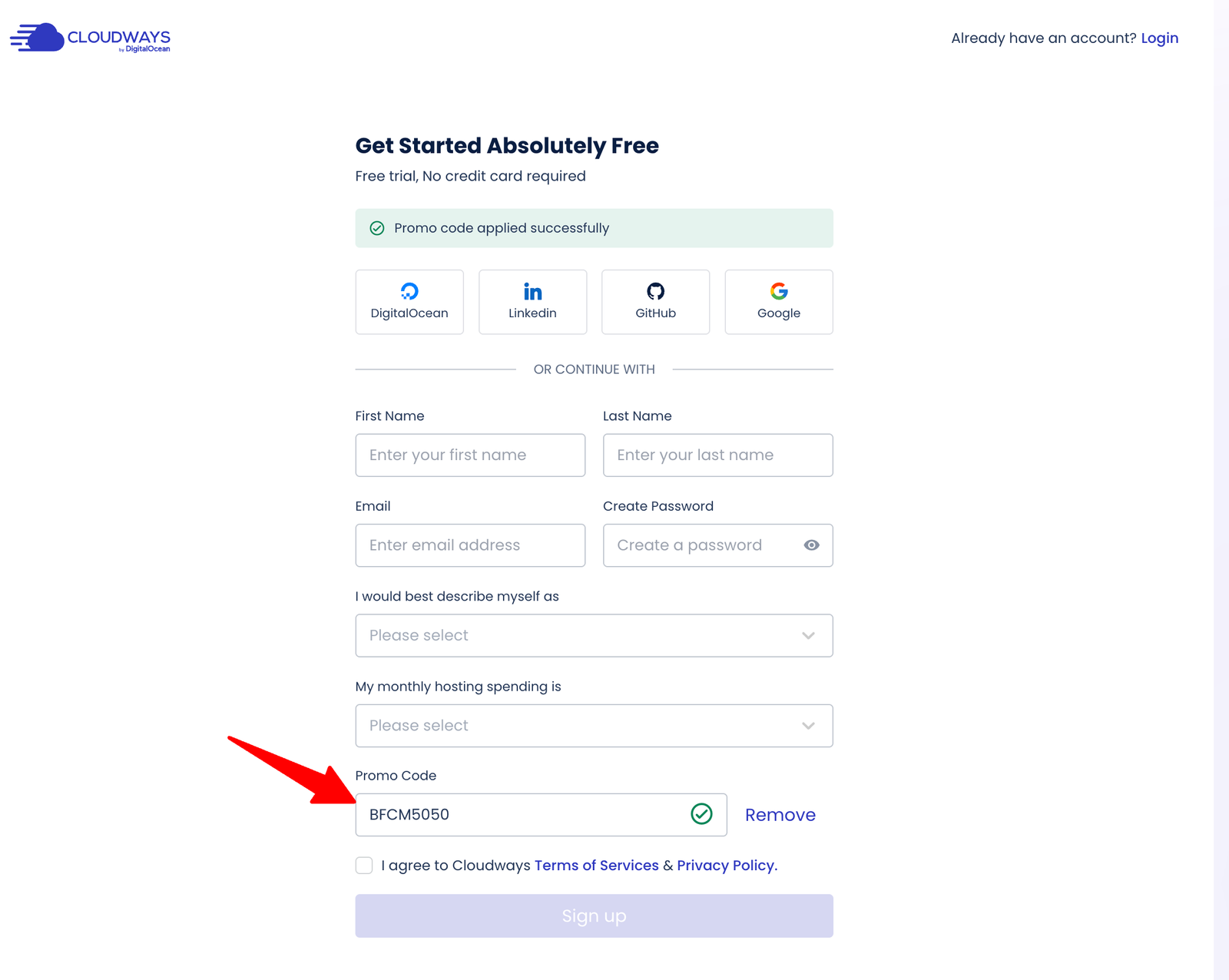Step 2- Enter Promo Code During Cloudways Sign-Up
