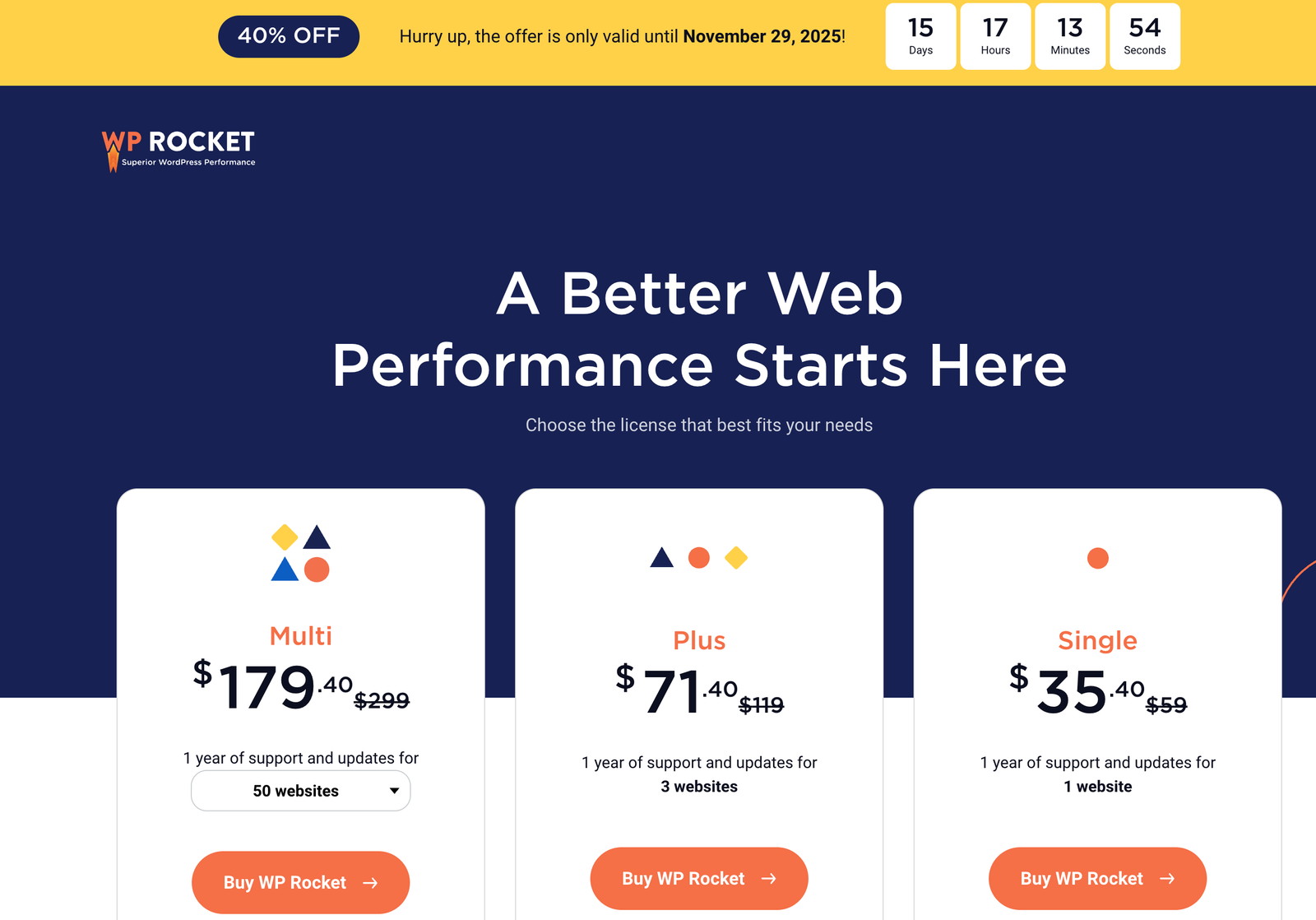 wp rocket black friday pricing plans