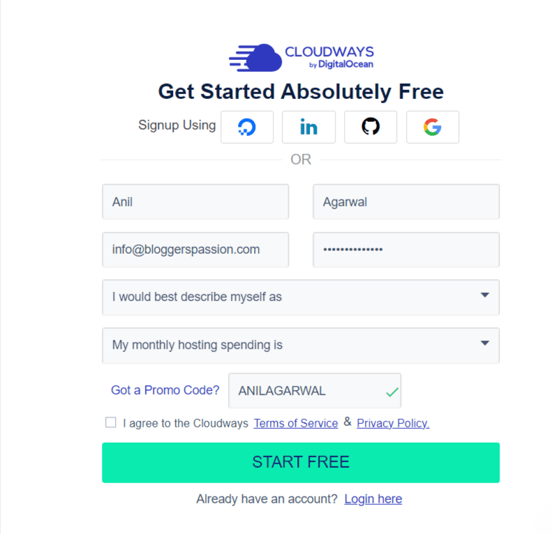 Step 2- Enter Promo Code During Cloudways Sign-Up