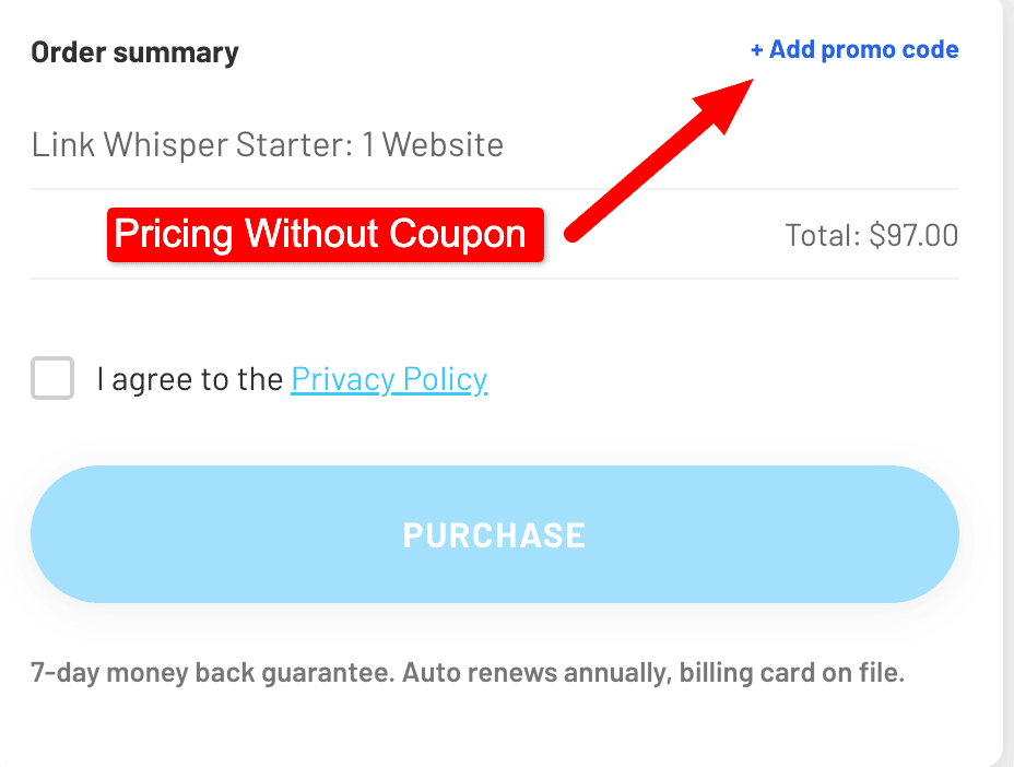 Step 3- Enter the Link Whisper Promo Code