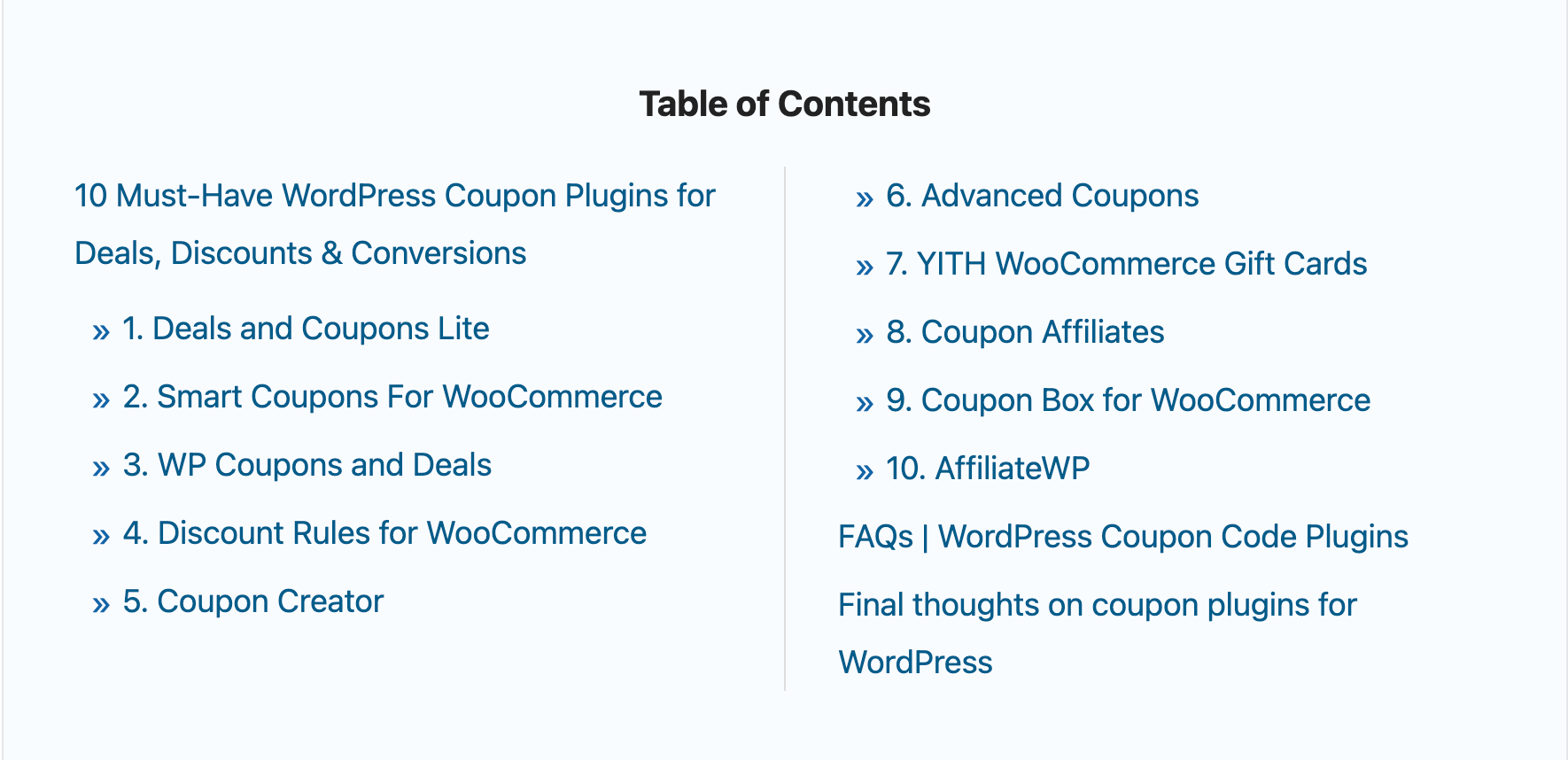 table of contents example