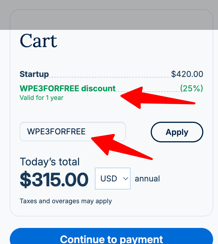 the updated WP Engine pricing with the discount applied