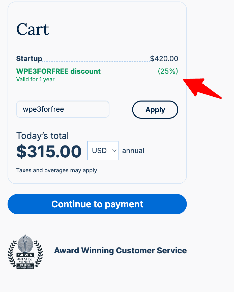 updated WP Engine pricing with the discount applied