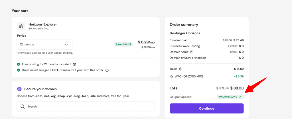 horizons coupon has been applied