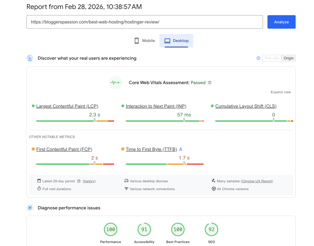 Core web vitals score on Desktop (After)