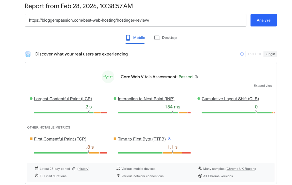 Core web vitals score on mobile (After)