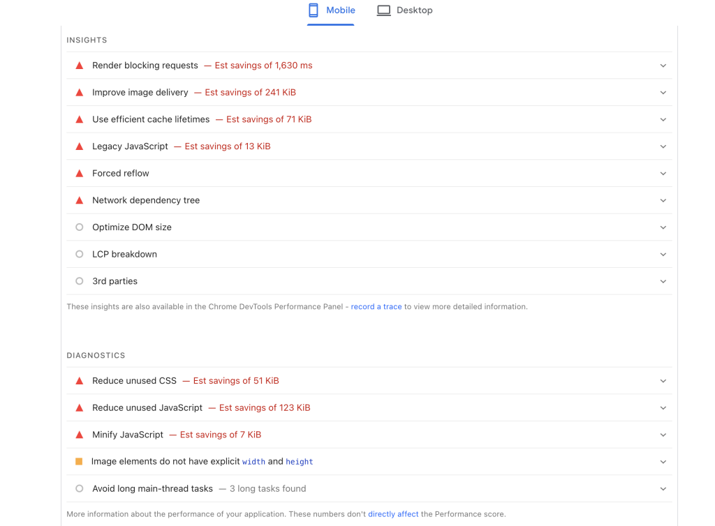 Errors and problems shown by Google Page Speed (Before)