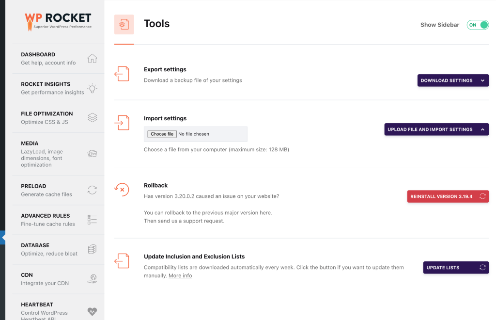 wp rocket import and export settings