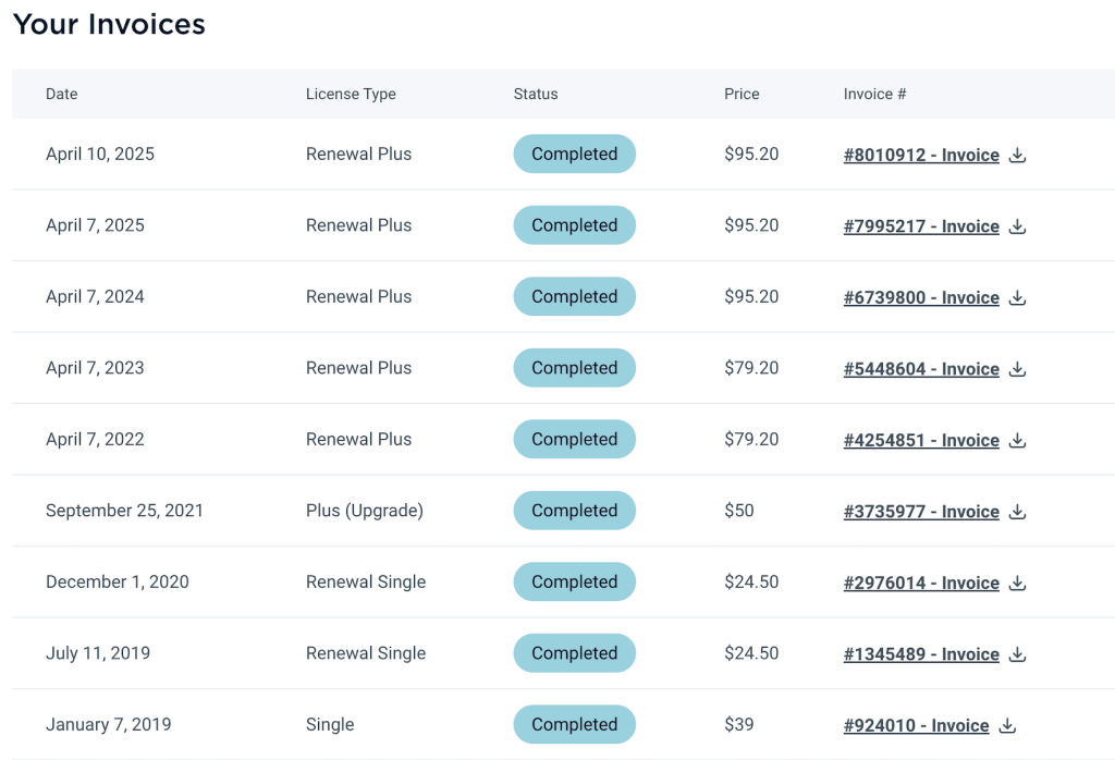 WP Rocket Latest Invoice