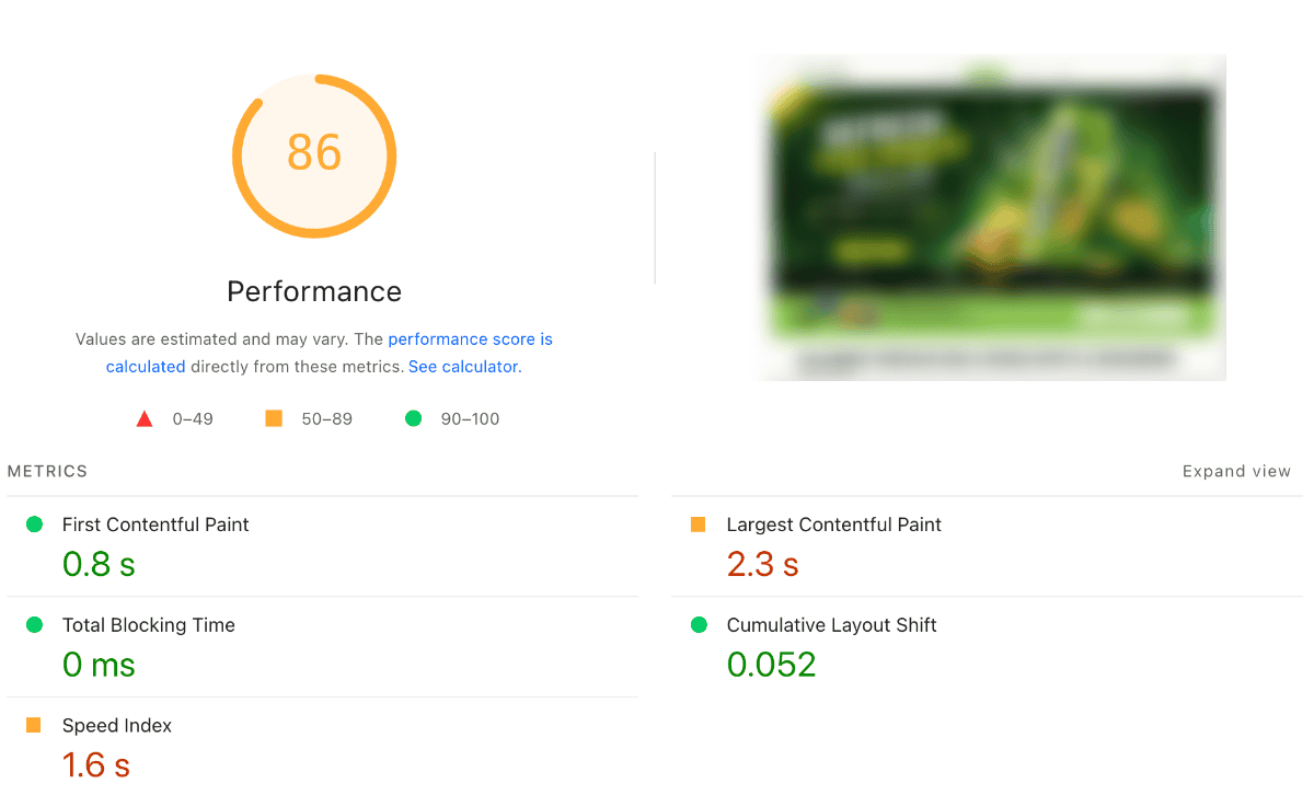 Elementor Speed Score Elementor Speed Results
